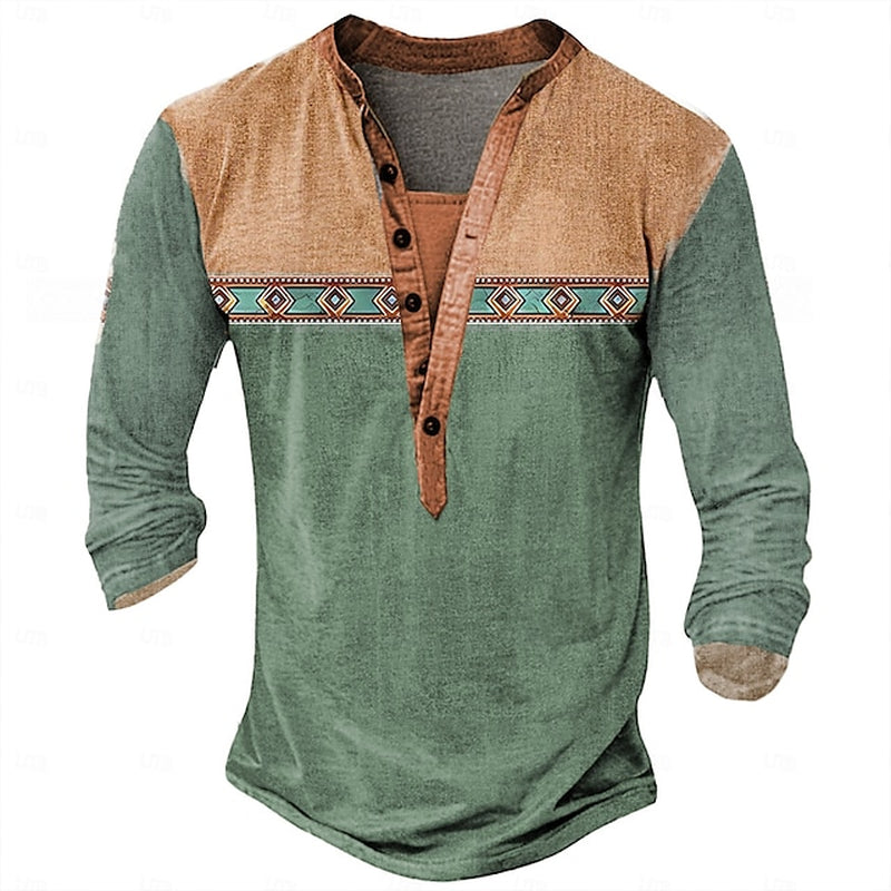 Men'S Tribal T Shirt Henley Shirt Long Sleeve 3D Print Designer Retro Vintage Street Casual Daily Summer Spring Fall Royal Blue Green Gray Henley Henley T-Shirt