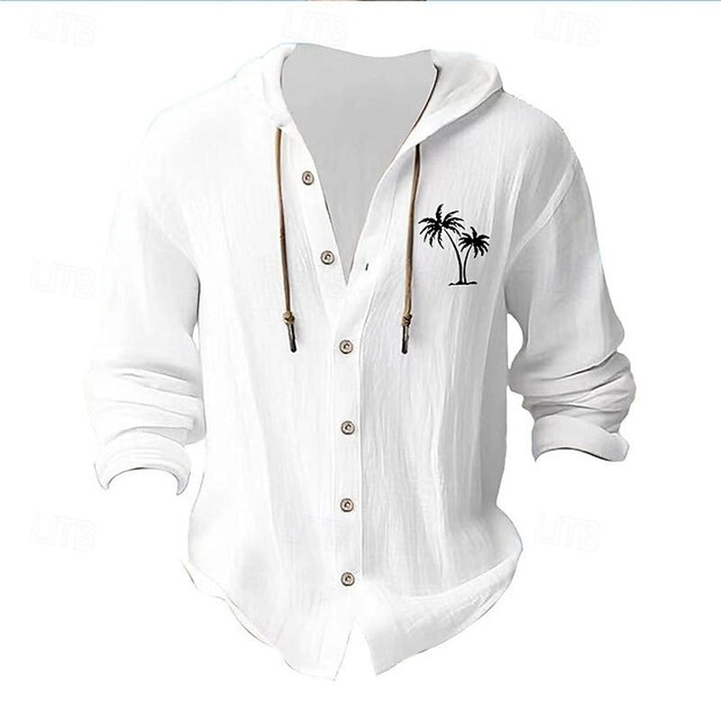 Men'S White Cotton Shirt Minimalist Aloha Shirt Casual Shirt Button up Shirt Cotton Shirt Coconut Tree Vacation Street Black White Blue Khaki Long Sleeve Hooded Spring & Summer Clothing Apparel
