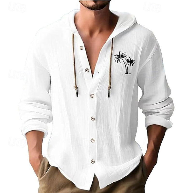 Men'S White Cotton Shirt Minimalist Aloha Shirt Casual Shirt Button up Shirt Cotton Shirt Coconut Tree Vacation Street Black White Blue Khaki Long Sleeve Hooded Spring & Summer Clothing Apparel