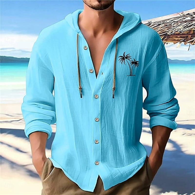 Men'S White Cotton Shirt Minimalist Aloha Shirt Casual Shirt Button up Shirt Cotton Shirt Coconut Tree Vacation Street Black White Blue Khaki Long Sleeve Hooded Spring & Summer Clothing Apparel